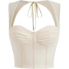 COZYEASE Women's Tie Back Sweetheart Neck Ruched Crop Tank Top Sleeveless Bustier Tops