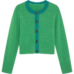 Springrain Womens Cropped Cardigan Long Sleeve Button Down Sweater Coat Color Block Casual Knit Jacket Outerwear