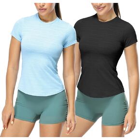 icyzone Women's Short Sleeve Workout T-Shirt Athletic Tees Breathable Gym Running Yoga Tops Slim Fit (Pack of 2)