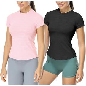 icyzone Women's Short Sleeve Workout T-Shirt Athletic Tees Breathable Gym Running Yoga Tops Slim Fit (Pack of 2) in Kuwait