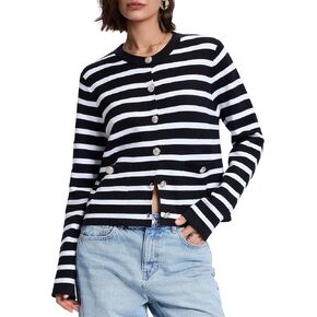 PrettyGuide Women's Striped Cardigan Sweater Long Sleeve Button Down Knitted Cropped Jacket with Pockets