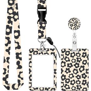 ID Badge Holder with Retractable Badge Reel Clip and Lanyard, Cute Card Name Tag Lanyard Vertical ID Protector Bage Clips for Nurse Doctor Teacher Student (Beige Groovy Flower)
