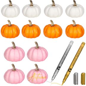 14 Pieces Fall Foam Simulation Pumpkin Orange White Pink Matching Gold Silver Marker DIY Functional Party Decoration for Halloween Autumn Thanksgiving Table Home Decoration Display