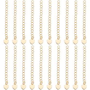 Beebeecraft 20Pcs Necklace Extenders 18K Gold Plated 53mm Extender Chain End Chains with Lobster Claw Clasps and Heart Chain Tabs for Jewelry Making