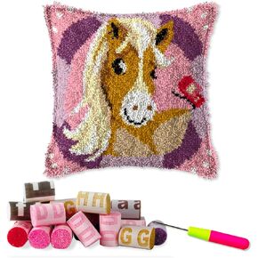 DIY Latch Hook Kits Yarn Kits Pillow Rug Pattern Arts and Crafts Crochet Needlework（Horse：16x16in/40x40CM）