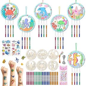 12Pack Wind Chime Kit for Kids Make Your Own Ocean Animals Wind Chime DIY Coloring Wood Crafts Summer Wooden Arts and Crafts Under Sea Ornaments for Boys Girls School Activities Party Decoration