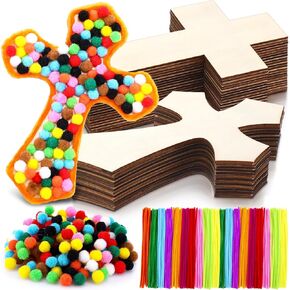 Blueweenly 24 Sets DIY Wood Cross Crafts for Kids Sunday School Vacation Bible School Supplies 24 Unfinished Wood Cross 100 Pipe Cleaners 200 Pom Poms for Religious Christian Gifts Easter Church