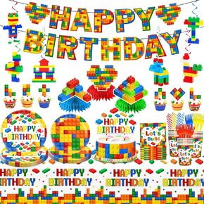 178pcs Building Block Party Supplies Banner Hanging Swirls Plates Napkins Cups Tablecloth Centerpieces Cupcake Topper Etc, for Colorful Building Block Birthday Party Decorations for Boys and Girls