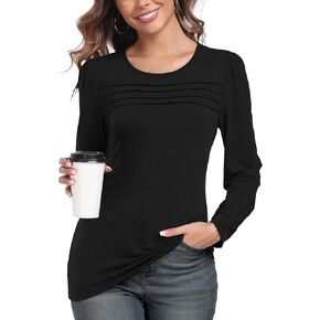 2024 Women's Long Puff Sleeve Shirts Fall Dressy Casual Blouses Trendy Pleated Tunic Tops for Leggings