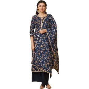 Tissu Women's Navy Blue Printed Pure Cotton Kurta & Palazzo With Dupatta