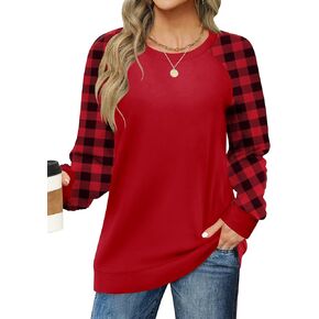 LOMON Plaid Shirts for Women Dressy Casual Crewneck Long Sleeve Blouses Pullover Tunic Tops