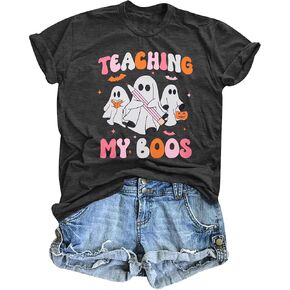 Teacher Halloween Shirt Spooky Tshirt: Teaching My Boos Tee - Womens Cute Ghost T Shirt Casual Short Sleeve Fall Tops