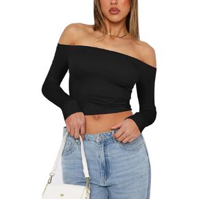 REORIA Womens Sexy Off Shoulder Long Sleeve Basic Shirts Double Lined Slim Fitted Trendy Lightweight Y2K Going Out Crop Top