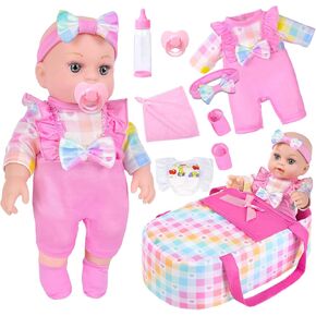 12" Girls Baby Doll With Carrier Bassinet Bed,Pink Plaid Pattern Newborn Baby Dolls Playset With Clothes And Accessories Include Blanket Bottle Nipple Toy Stuffs Gift For Baby Toddler 36 Months And Up