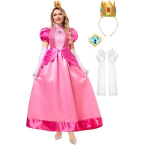Funna Pink Princess Costume Adult Women Dresses Halloween Dress up Cosplay with Crown Gloves