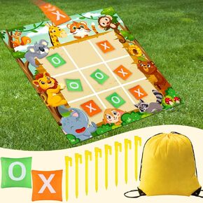 Capoda 20 Pcs Tic Tac Toe Game Set Bean Bag Toss Game Tic Tac Toe Cloth with Bean Bag Storage Bag and Ground Nails for Family Camping Indoor Outdoor Party Toss Games Supplies (Bright,Jungle Animal)