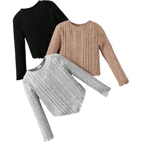 Milumia Girl's 3 Pack Rib Knit Long Sleeve Tees Lettuce Trim Round Neck T-Shirts Tops