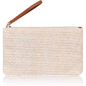 Straw Clutch Purse for Women Woven Summer Beach Straw Purse Straw Envelope Clutch Wallet Wristlet Wallets Beach Purse (Beige- White)