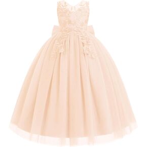 IDOPIP Flower Girl Lace Dress for Kids Wedding Bridesmaid Pageant Party Formal Long Gown Princess Communion Tulle Bow Dresses