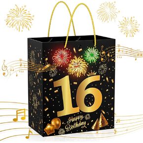 VANSHINIEER 50th Birthday Gift Bag with Fireworks Light and Music, Large Size Black Gold Gift Wrap Bag with Handles for 50th Birthday Party Decorations Supplies