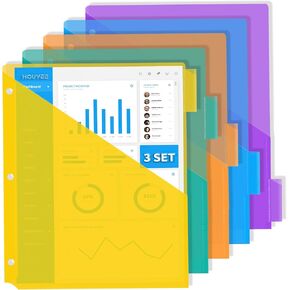 HOUYEE Plastic 5-Tab Binder Dividers with 1 Clear Pocket, Multicolor Pocket Punch Dividers for 3 Ring Binders, 8.5" x11" Letter Size,3 Set