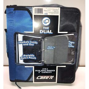 Case-it The Dual 2-in-1 Zipper - Two 1.5 Inch D-Rings - Includes Pencil Pouch - Multiple Pockets - 600 Sheet Capacity - Comes with Shoulder Strap -Dual-121-A-Blue