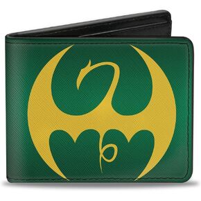 Buckle-Down Men's Standard PU Bifold Wallet Dragon Logo + Iron FIST Green/Yellow, Multicolor, 4.0" x 3.5"