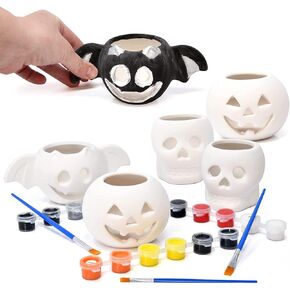Gift Boutique Ceramic Pumpkins Skull Bat Figurines Paint Craft Kit Set of 6 Unpainted Ceramics Pumpkin Ready to Paint for Kids Classroom Fall Halloween Party Decor