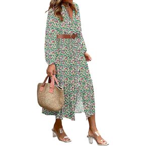 LOLONG Women's Casual Button Front Midi Dresses Fall 2024 Puff Long Sleeve Printed Ruffle Hem Boho Flowy Dress