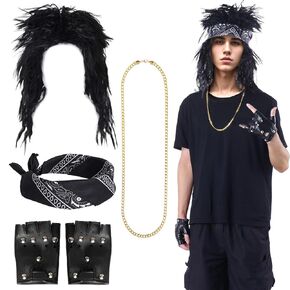 Lystaii 1980s Rock Wigs Party Accessories Long Rocker Wig for Men Rockstar Accessories Punk Accessories with 80s Rockstar Wigs Headbands Leather Gloves Necklace