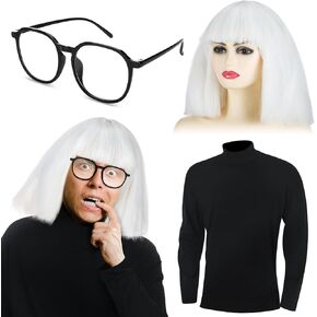 3 Pcs Halloween Short White Wig Black Eyeglasses and Turtleneck Set for Men Women Cosplay Movie Comedy Costume Accessories