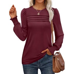 ANRABESS Long Sleeve Shirts for Women Fall Fashion 2024 Dressy Casual Blouses Trendy Pleated Tunic Tops Outfits