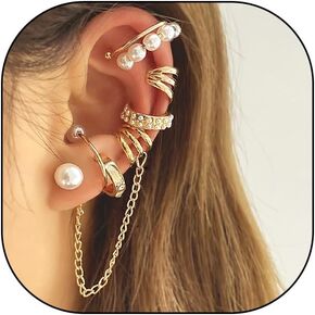 8Pcs Gold Pearl Ear Cuff Earring Set, Non Pierced Tassel Chain Stacking Clip On Earrings, Exquisite Punk Statement Jewelry Gifts for Women