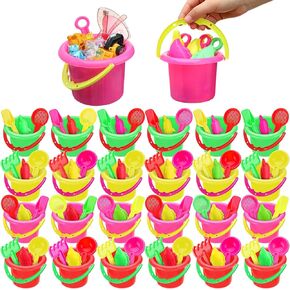 Jexine 24 Set Sand Buckets and Shovels for Mini Sand Bucket Party Favor Sand Box Play Set and Mini Beach Sand Pail Includes Shovel, Rake, Scoop Beach Sand Toy(3.94" Height,Colorful)