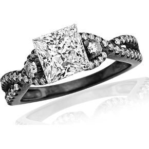 14K White Gold 1.25 Carat LAB GROWN DIAMOND 14K Black Gold 3 Stone Split Shank Princess Cut Diamond Engagement Ring (E-F Color VS2-SI1 Clarity 0.75 Ct Center)