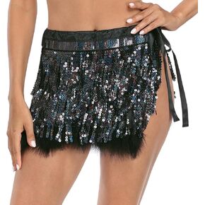 HDE Women's Sequin Tassel Fringe Skirt Fur Trim Adjustable Tie Hip Scarf Wrap