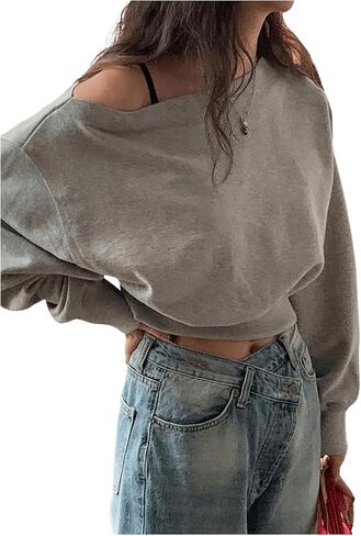 SOLY HUX Women's Off The Shoulder Sweatshirt Long Sleeve Asymmetrical Neck Pullover Crop Tops in Saudi Arabia