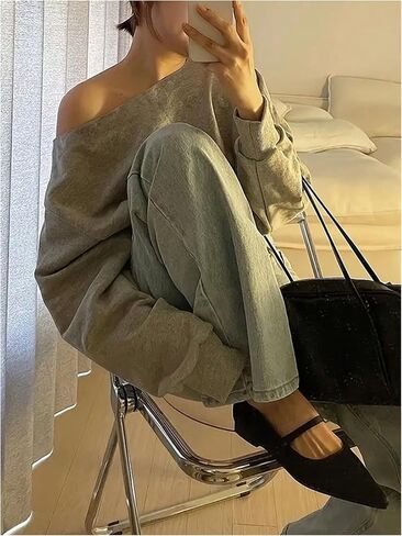 SOLY HUX Women's Off The Shoulder Sweatshirt Long Sleeve Asymmetrical Neck Pullover Crop Tops in Saudi Arabia