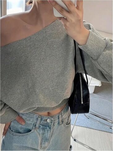 SOLY HUX Women's Off The Shoulder Sweatshirt Long Sleeve Asymmetrical Neck Pullover Crop Tops in Saudi Arabia