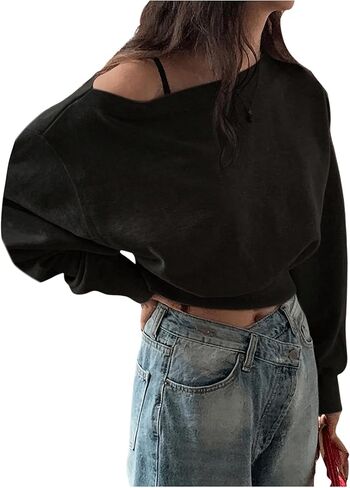 SOLY HUX Women's Off The Shoulder Sweatshirt Long Sleeve Asymmetrical Neck Pullover Crop Tops in Saudi Arabia