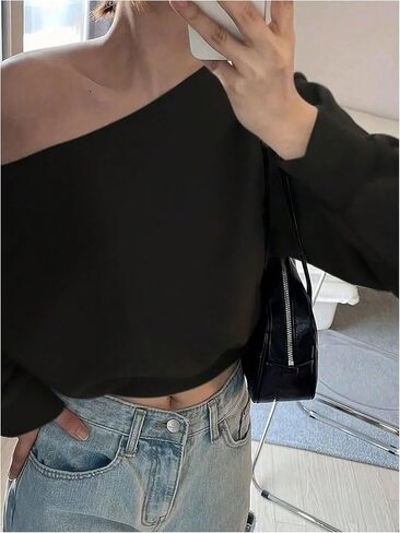 SOLY HUX Women's Off The Shoulder Sweatshirt Long Sleeve Asymmetrical Neck Pullover Crop Tops in Saudi Arabia