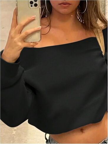 SOLY HUX Women's Off The Shoulder Sweatshirt Long Sleeve Asymmetrical Neck Pullover Crop Tops in Saudi Arabia