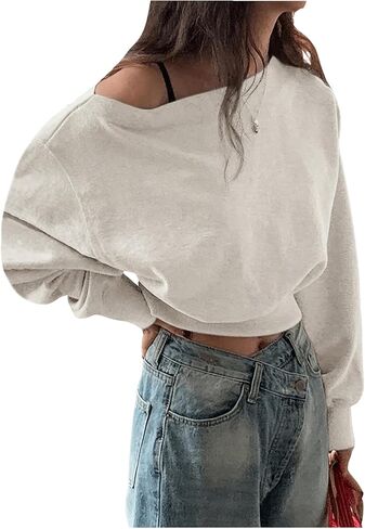 SOLY HUX Women's Off The Shoulder Sweatshirt Long Sleeve Asymmetrical Neck Pullover Crop Tops in Saudi Arabia