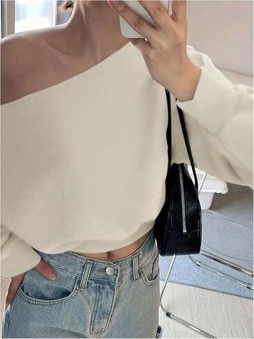 SOLY HUX Women's Off The Shoulder Sweatshirt Long Sleeve Asymmetrical Neck Pullover Crop Tops in Saudi Arabia