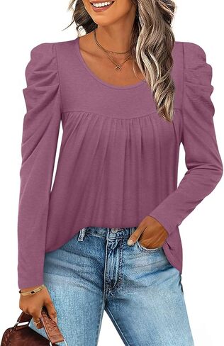 Anydeer Long Sleeve Shirts for Womens Fall Fashion 2024 Puff Sleeve Tunic Tops Dreessy Casual Blouses Pleated Pullover in Saudi Arabia