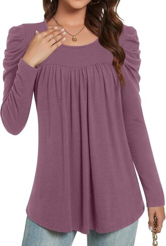 Anydeer Long Sleeve Shirts for Womens Fall Fashion 2024 Puff Sleeve Tunic Tops Dreessy Casual Blouses Pleated Pullover in Saudi Arabia