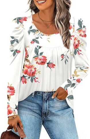 Anydeer Long Sleeve Shirts for Womens Fall Fashion 2024 Puff Sleeve Tunic Tops Dreessy Casual Blouses Pleated Pullover in Saudi Arabia