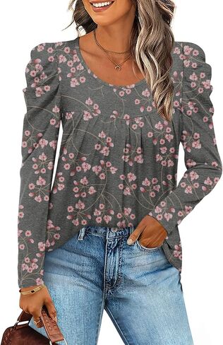 Anydeer Long Sleeve Shirts for Womens Fall Fashion 2024 Puff Sleeve Tunic Tops Dreessy Casual Blouses Pleated Pullover in Saudi Arabia