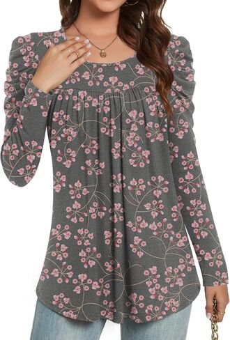 Anydeer Long Sleeve Shirts for Womens Fall Fashion 2024 Puff Sleeve Tunic Tops Dreessy Casual Blouses Pleated Pullover in Saudi Arabia