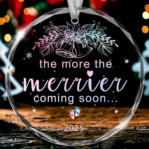 Christmas Ornaments, 3 * 3Inch Transparent Glass Expecting Baby 2025 Baby Announcement Ornament The More The Merrier Coming Soon 2025 Pregnancy Xmas Hanging Decor for Husband Grandparents Aunt Uncle in Kuwait